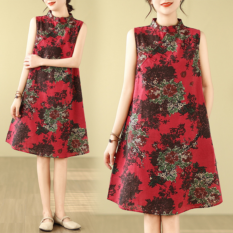 New Chinese Style National Style Modified Cheongsam Dress Women's Summer New Artistic Retro Loose Sleeveless Floral Cotton Linen Dress