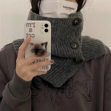 韩剧女主风围脖套帽脖套女秋冬围巾纯色纽扣防寒保暖护颈针织披肩
