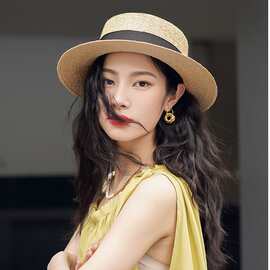 疯帽子 小清新拉菲草材质 透气草帽子女 逛街出游平顶太阳帽春夏