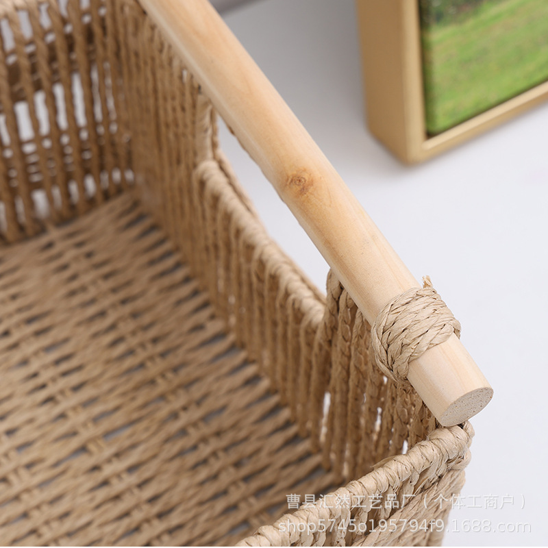 Cesta de almacenamiento de mesa tejida para el hogar al por mayor de comercio exterior con manija de madera