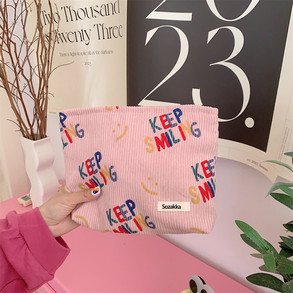 38181 New 2023 Corduroy cosmetic Bag, Letter smiley face storage, washroom clutch, Mobile phone wallet, Pen case undefined