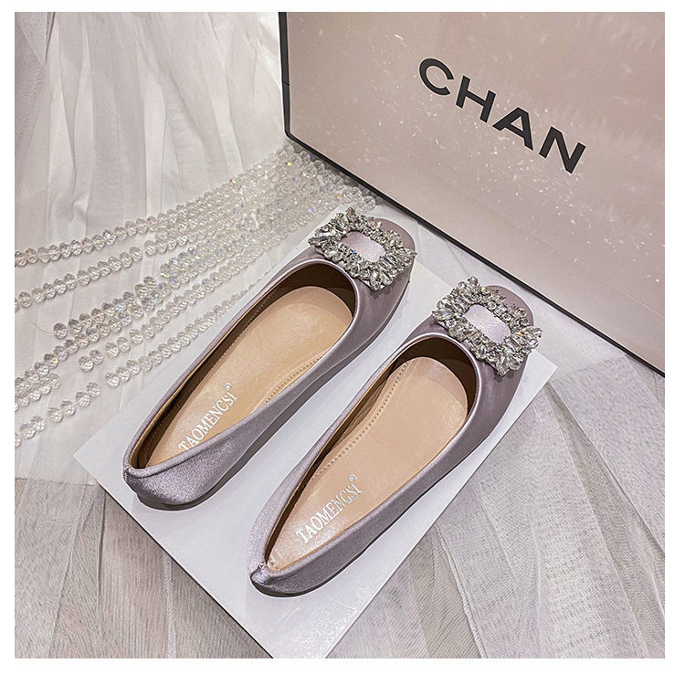 Giày búp bê nữ mũi vuông đế bằng đính đá, kiểu dáng thanh lịch — Màu Sâm Panh (Vàng), Màu xám nhạt, Màu đen chi tiết 37