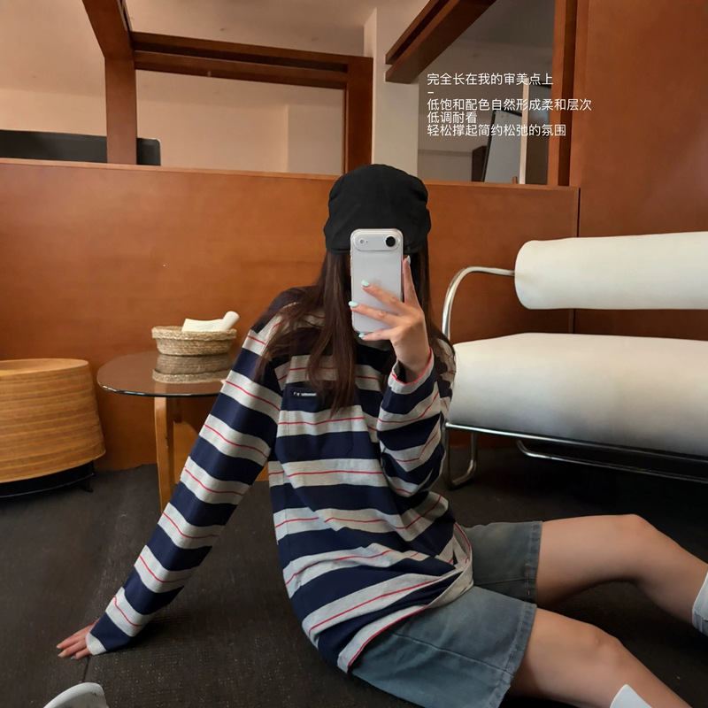 2026 Autumn Striped Fashion Long-Sleeve T-Shirt for Dating and Commuting, Casual Versatile Unisex Top T-Shirt 2026 Autumn Striped Fashion Long-Sleeve T-Shirt for Dating and Commuting, Casual Versatile Unisex Top T-Shirt