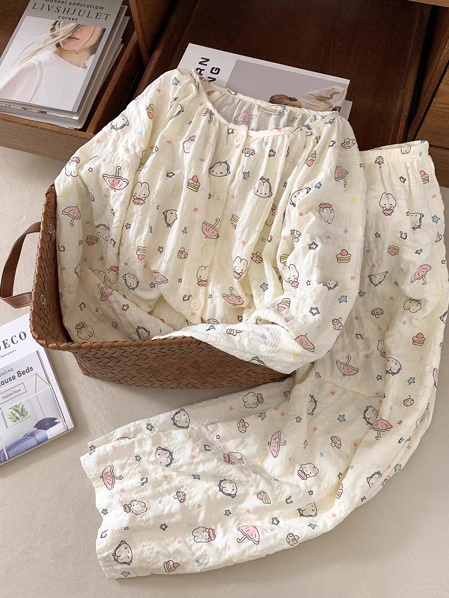 Pijamas al por mayor transfronterizos mujeres primavera y otoño pantalones de mangas largas nubes de algodón cardigan encantador conjunto de ropa de dibujos animados