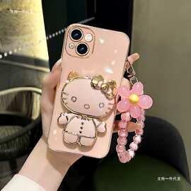 适用苹果14手机壳女款iphone17pro可爱猫咪补妆镜子支架11/12/16p