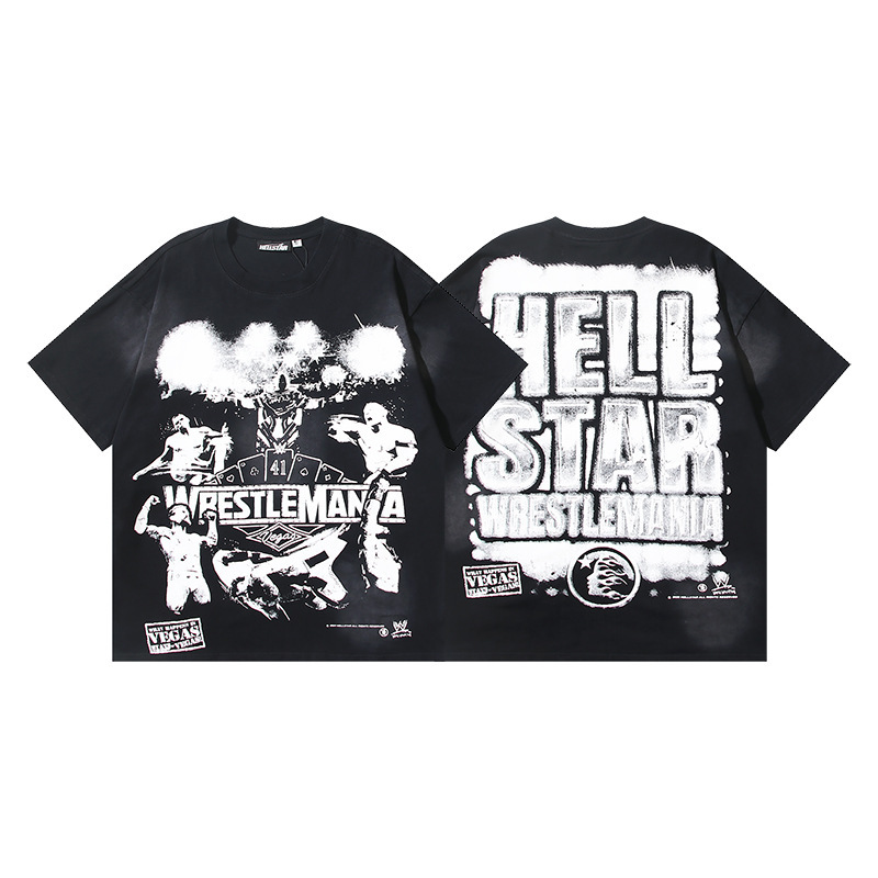 25ss 夏新作 Hellstar アメリカンファッション ハイストリート ウォッシュ加工 ダメージ加工 プリント ゆったり 半袖 Tシャツ 男女兼用|undefined