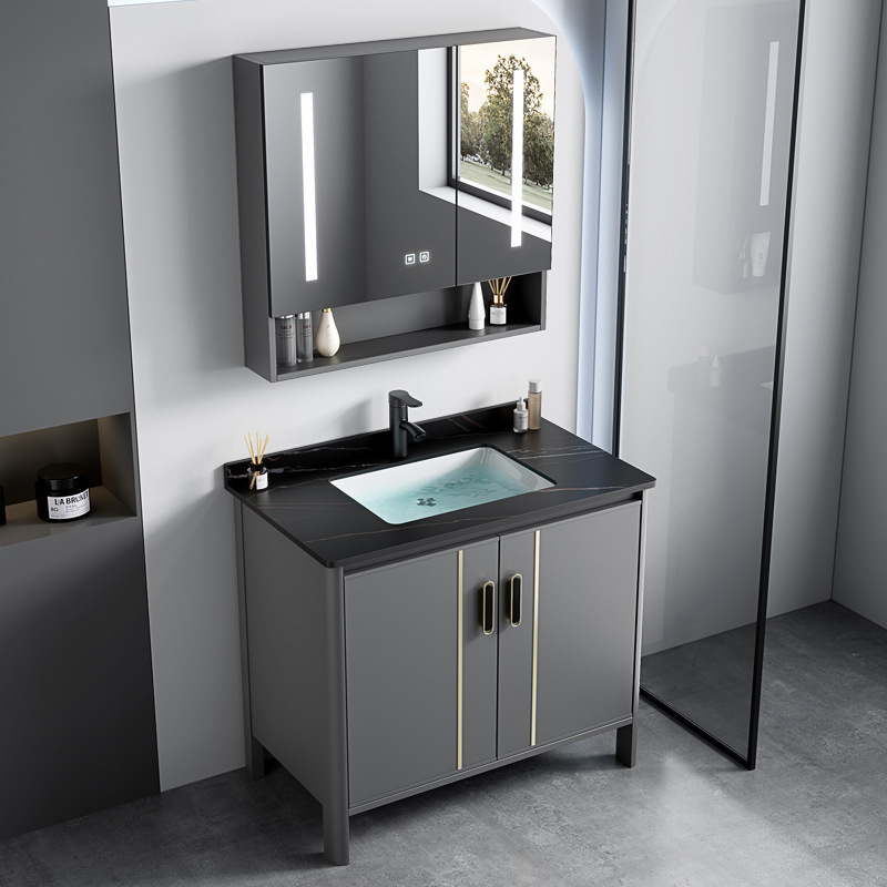 Space Aluminum Floor Washbasin Bathroom Cabinet Combination Bathroom Ceramic Washstand Pool Wash Basin Integrated Basin