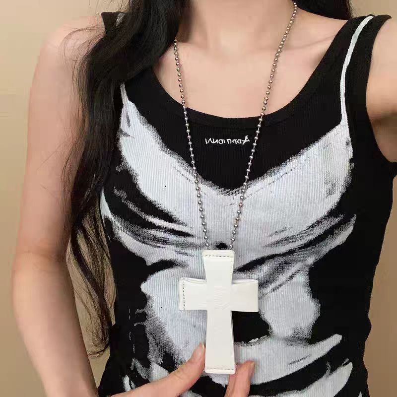 甜酷风十字架项链女辣妹粉色串珠多层毛衣链轻奢气质高级感颈链|undefined