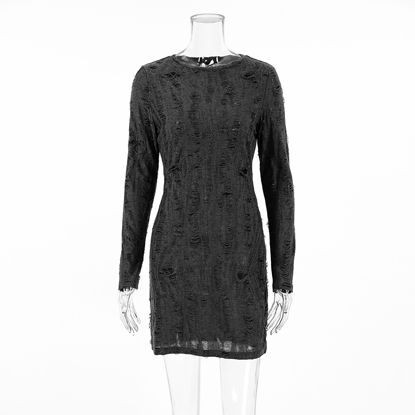 Autumn Simplicity Knitted Retro round Neck Slim Slimming Hip Dress Gray Dress Women Clothing