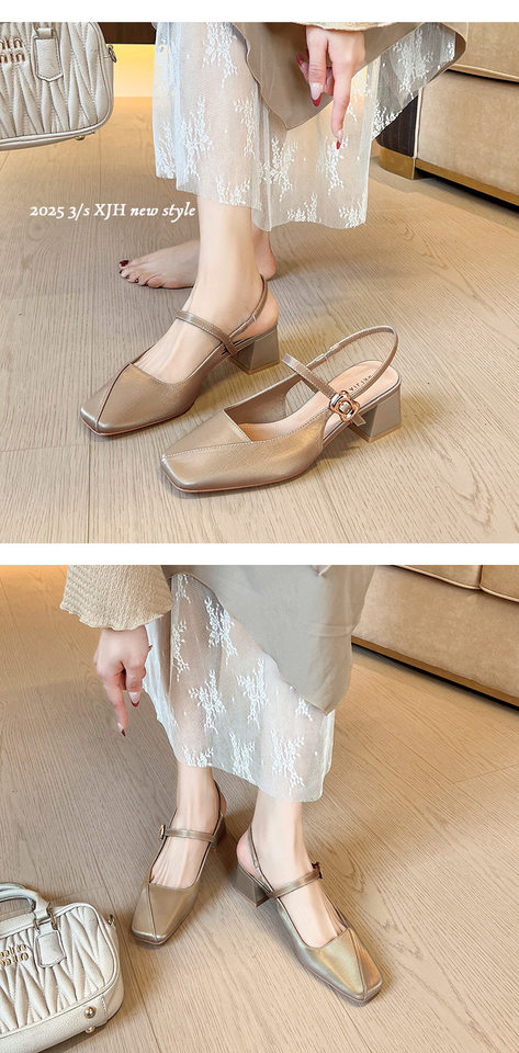 Giày Mary Jane nữ gót thô 3–6 cm mũi vuông quai móc hở gót kiểu Pháp — Màu kaki, Màu trắng be, Màu vàng nhạt chi tiết 11