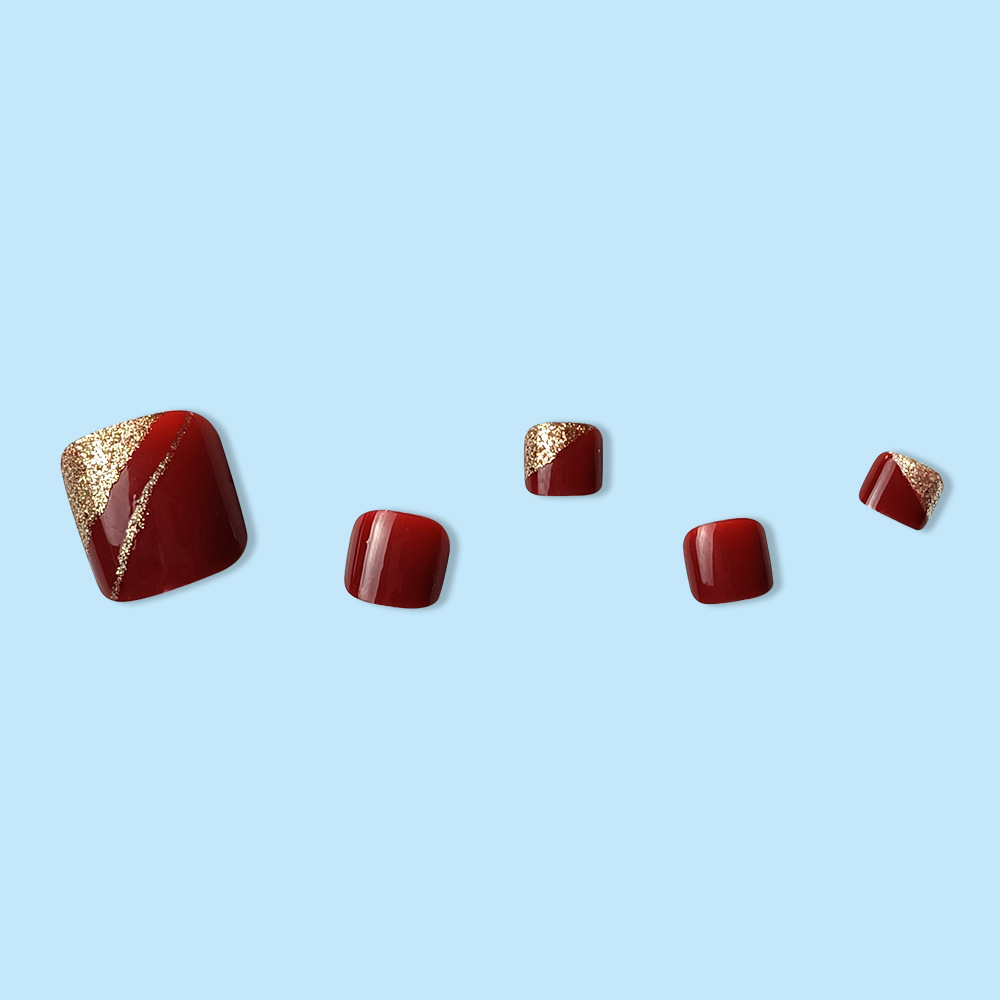 Polvo de oro de vino rojo francés de uñas de los dedos de los pies venta cruzada de lujo retrógrado 24 piezas de uñas de los pies parches image 5