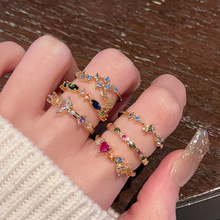 新款小众设计彩宝彩色锆石开口戒指高级感简约时尚百搭中古饰品女