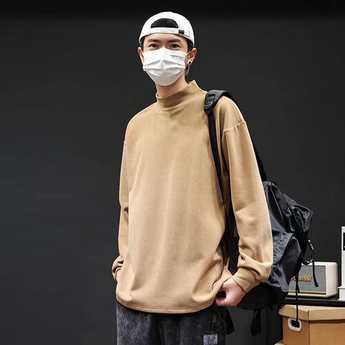 Cotton-padded merino half-neck long-sleeved T-shirt for men, autumn and winter style, warm inner layer, base shirt, round neck, loose sweatshirt for boys