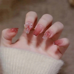 Wearable nail patches wholesale mid-length ice-transparent oolong gradient peach manicure finished nail patches fake nails