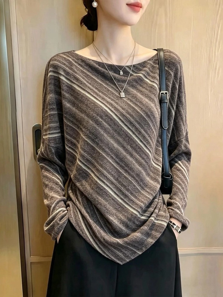 Women's autumn long-sleeved T-shirt with irregular brown stripes,