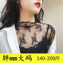 23春秋新款长袖性感网纱上衣加大码内搭蕾丝打底衫女半高领薄款潮