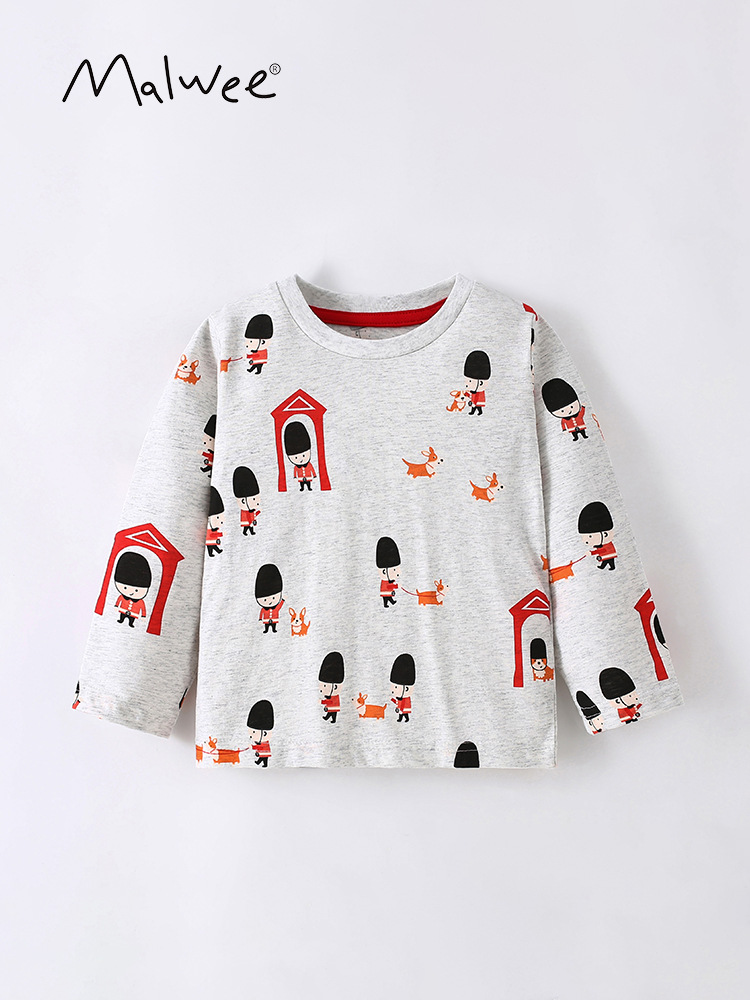 Malwee camiseta de niño otoño y invierno nuevo estilo europeo y americano para niños de media edad casuales de manga larga cuello redondo impresión de aire superior