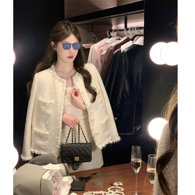 杨小卷 手工花边 质感粗花呢小香风套装白色外套清冷富家千金穿搭|undefined