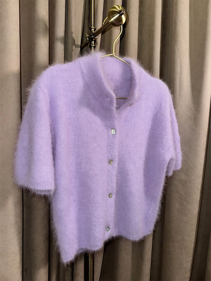 Áo cardigan dệt kim tay ngắn cổ bán cao ôm dáng phong cách retro — Màu hồng, Màu hồng cánh sen, Màu trắng, Màu tím chi tiết 29
