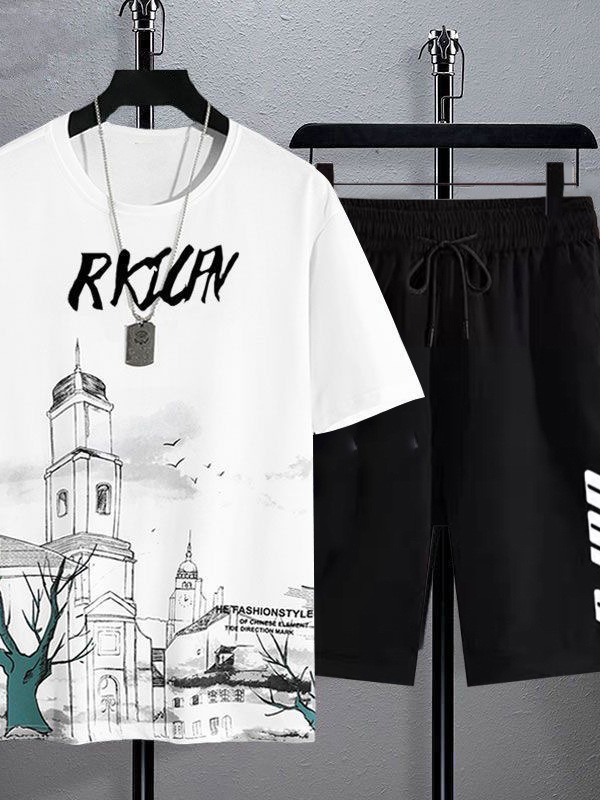 New Quick-Drying Ice Silk Gradient Suit Men's Short-Sleeved T-Shirt Summer Casual Shorts Sports Two-Piece Set Handsome Men's Clothing