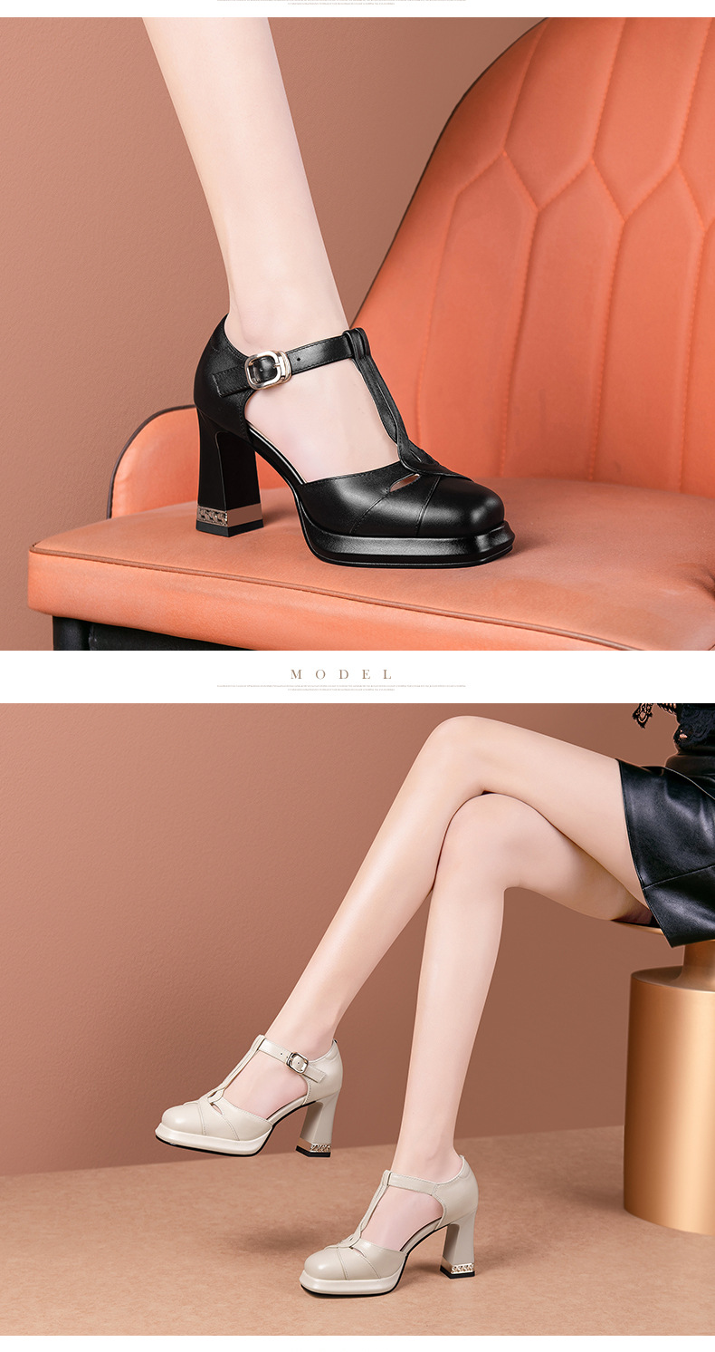 Giày sandal cao gót nữ bít mũi khóa chữ T phong cách retro, gót 8 cm — Màu đen chi tiết 4