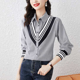 韩国代购新品2025春季新款螺纹配色翻领宽松春装条纹衬衫