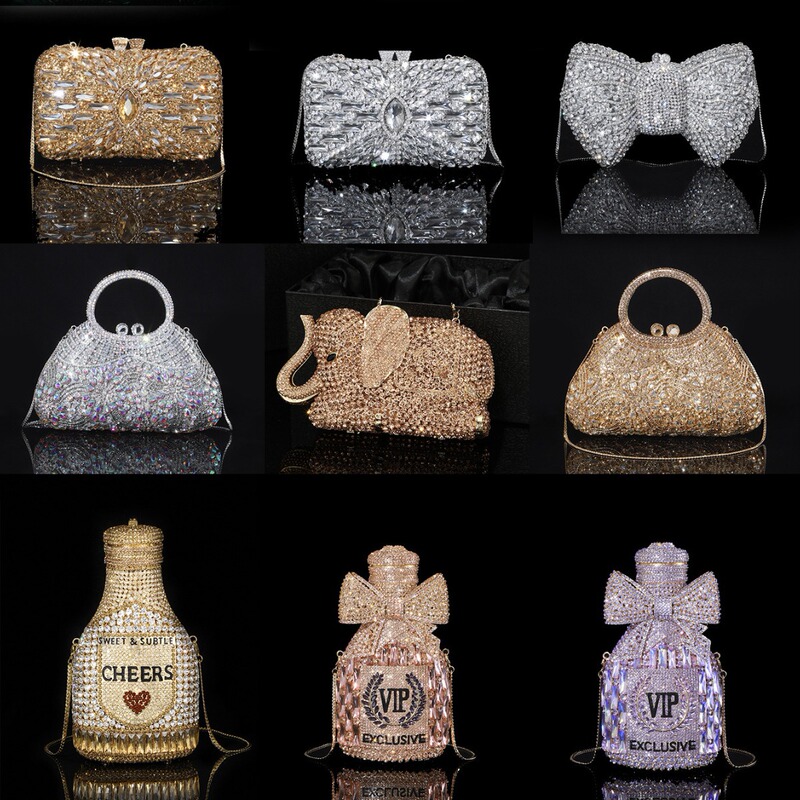 High-end luxury heavy industry sparkling champagne bottle rhinestone bow crystal chain alloy socialite hand dinner bag