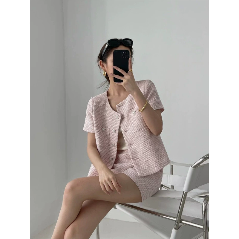 Элегантная летняя куртка с круглым воротником, комплект, стиль Chanel