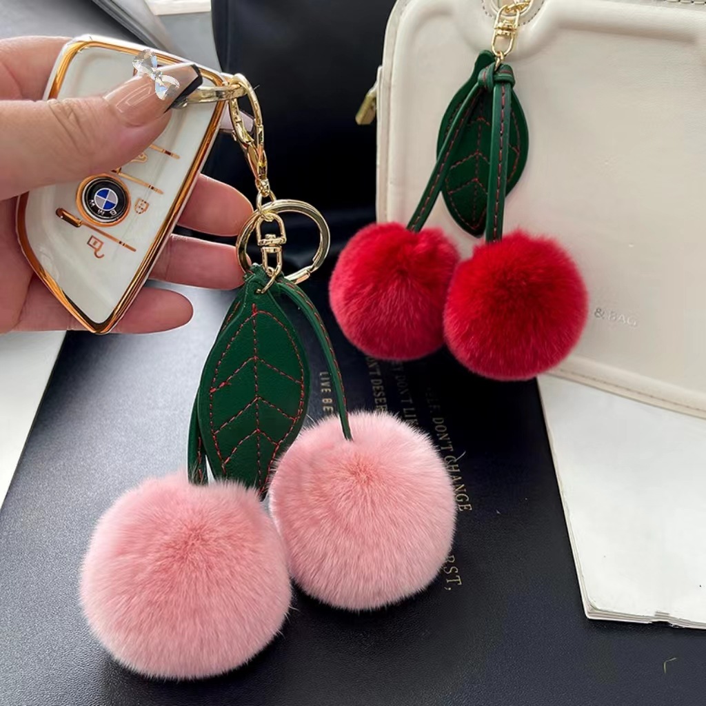 17g Weight Bag Pendant, Keychain Classification 1 Piece Quantity Daily, Street Occasion Real rex rabbit hair Material Cherry Pattern Cute Style 1 Piece Cute Cherry Real Rex Rabbit Hair Bag Pendant Keychain 5