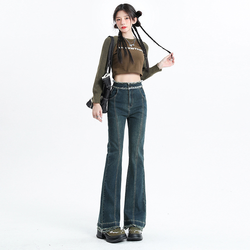 2024 Spring New High Waist Micro-Lar Jeans Women's Spice Girls Double-Layer Burr Cuts Trousers All-Match Flared Pants