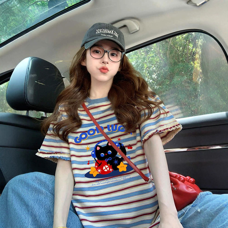 American-Style Lace Striped Pure Cotton Short-Sleeve T-Shirt for Women, 2026 New Summer Fashion, Loose Design, Youthful Color-Blocking Top