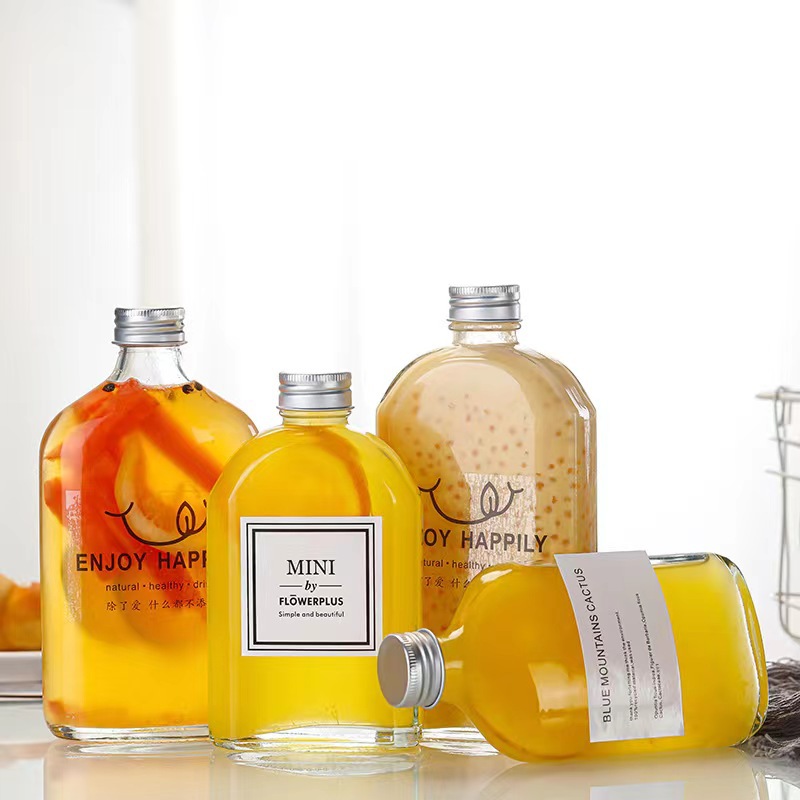 200ml透明扁飲料瓶玻璃果汁奶茶空瓶子密封小酒瓶便攜果酒瓶帶蓋
