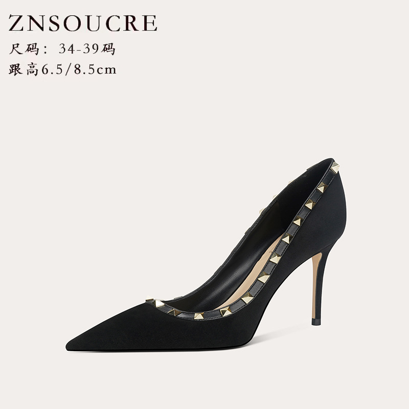 718-8羊皮舒适尖头铆钉高跟鞋女仙女风性感浅口细跟中跟鞋单鞋女