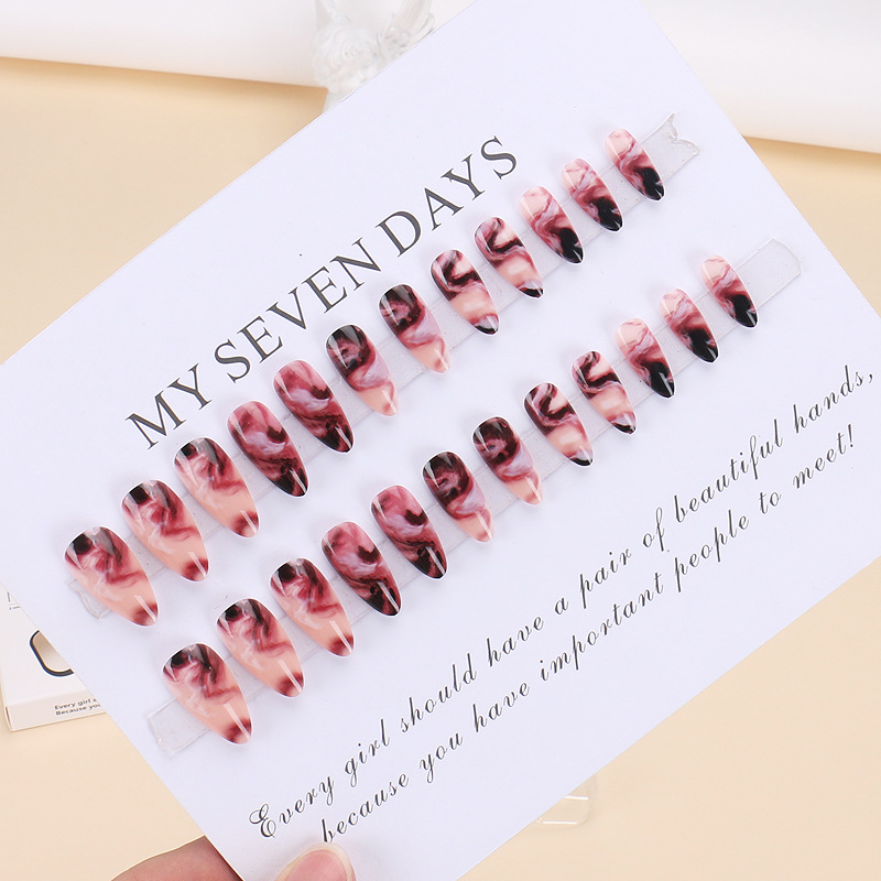 Description Picture 4 of item24Pcs Round Head Press on Nails Medium Color Halo Dyeing Fake Nails with Glue French Wearable Full Cover Fake Acrylic Nail Tips