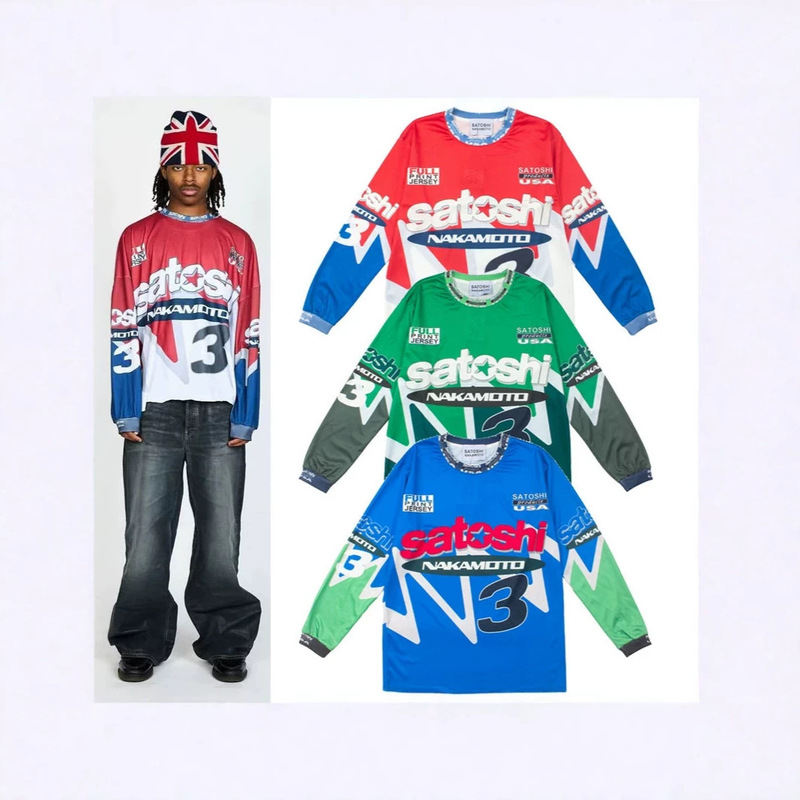 2026 Cross-Border Trendy Brand SATOSHI American Fashion Retro Hip-Hop Street Motorcycle Element Printed Long Sleeve T-Shirt