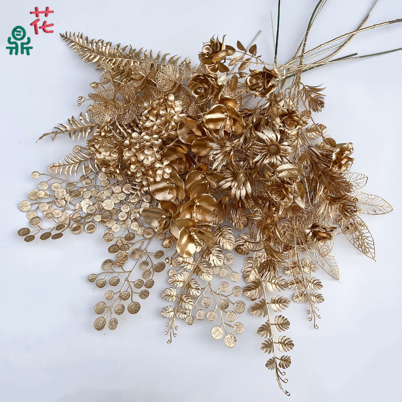 Golden Set Plastic Flowers Outdoor Photography Ornaments Flower-arranging Artificial Flowers Commercial Window Meichen Decorative Fake Flowers