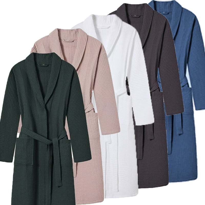 跨境新款纯棉浴袍春秋季华夫格长款浴衣民宿酒店情侣全棉睡袍批发