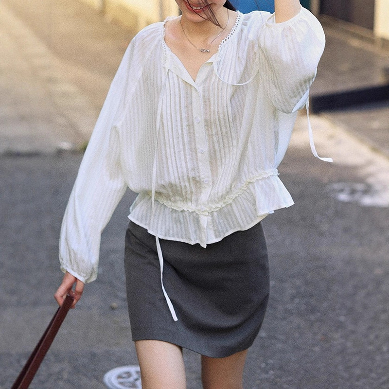 Lalaglow Hidden Romance Full Tencel French Lace Pleated Shirt Women's Early Autumn Casual Easiest for Match Top Lalaglow Hidden Romance Full Tencel French Lace Pleated Shirt Women's Early Autumn Casual Easiest for Match Top