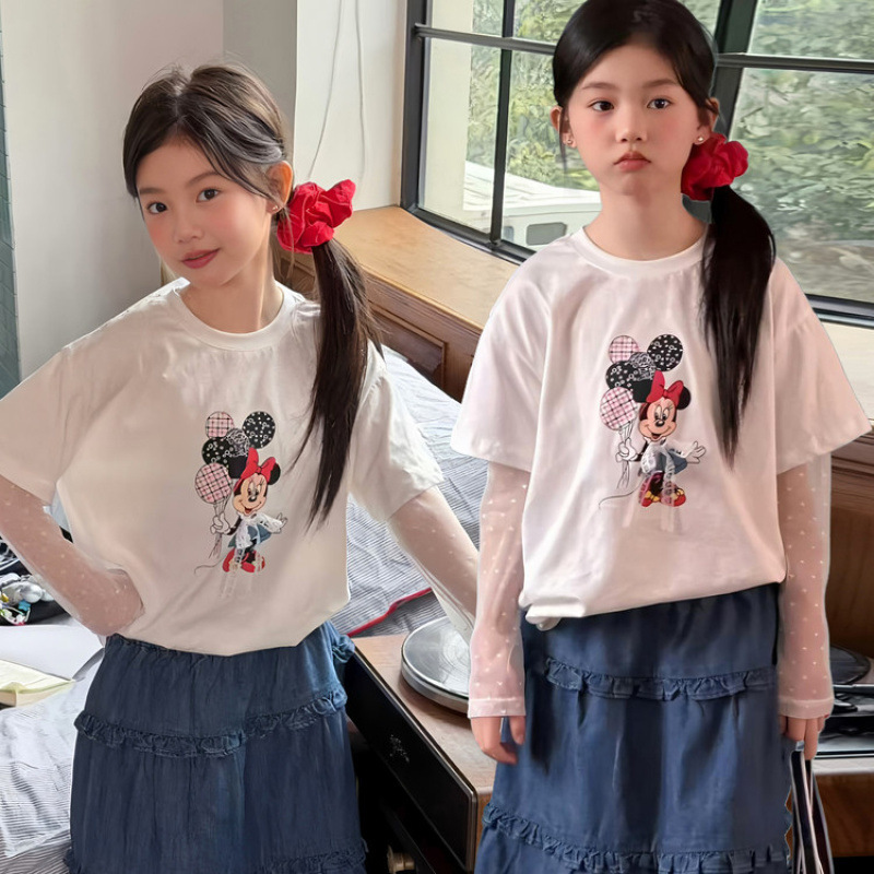 Girls' Summer Minnie Balloon Print T-Shirt, Loose Round Neck, Casual Style for Older Children, Cute and Suitable for Outdoor Wear, Sun Protection, and Layering