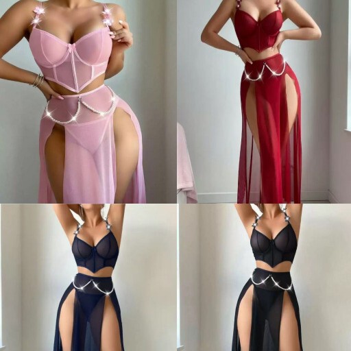 2026 New Cross-Border European and American Amazon Foreign Trade Women's Romantic and Sexy Three-Piece Pajamas with Pearl Flower Tops