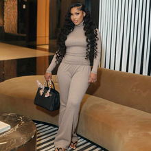 D25ST396欧美跨境女装秋冬新款休闲高领长袖上衣直筒长裤两件套装