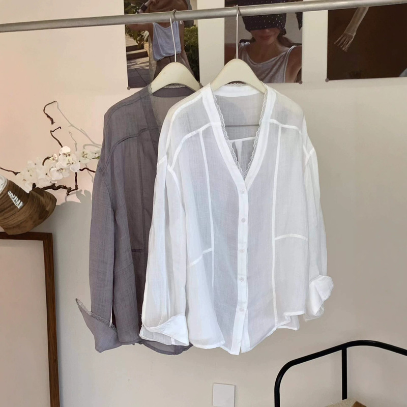 Lace Collar Ramie Ice Silk Sun Protection Shirt Jacket for Women Summer New Style Lazy Style Loose Long-Sleeved Top Lace Collar Ramie Ice Silk Sun Protection Shirt Jacket for Women Summer New Style Lazy Style Loose Long-Sleeved Top