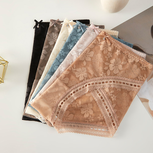 Sexy mesh women's mid-waist underwear silk antibacterial crotch hollow thin lace large size mm triangle shorts manufacturer