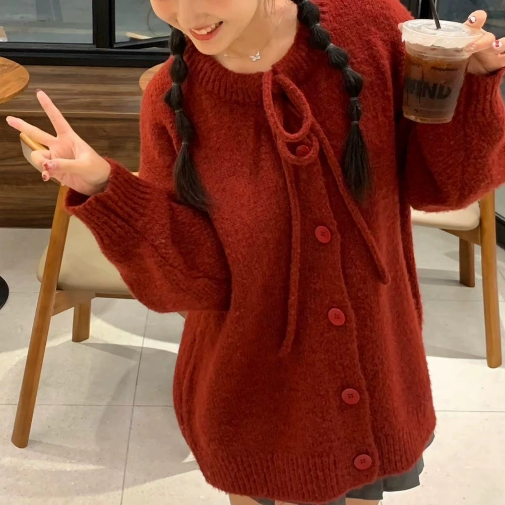 Японский ретро свободный ленивый стиль на шнуровке с круглым вырезом, мягкий вязаный кардиган больших размеров, женский свитер с длинными рукавами, куртка