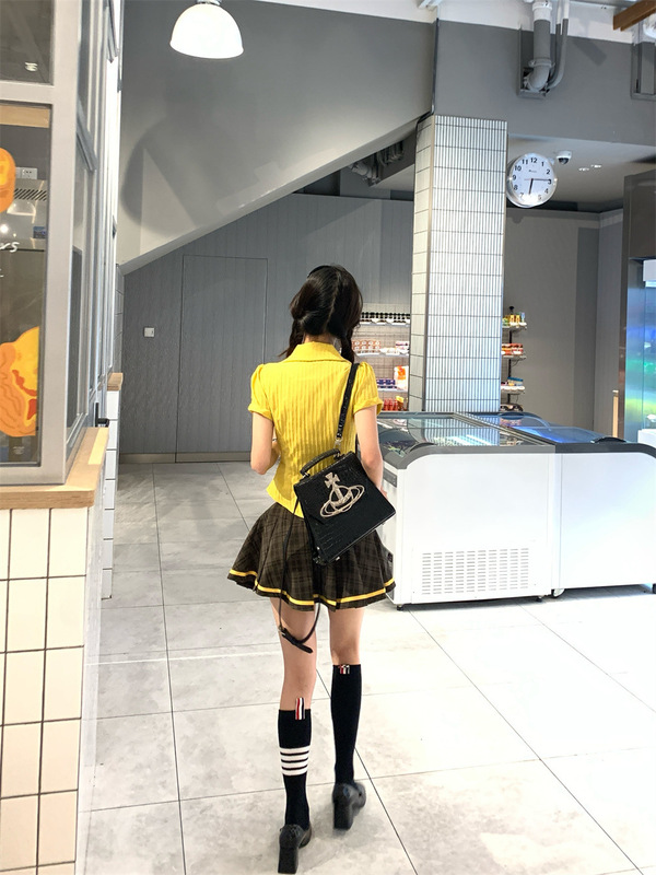 アメリカンカレッジスタイルスーツレディースイエローウエストウエスト半袖Tシャツ夏Aラインプリーツスカート2点セット|undefined