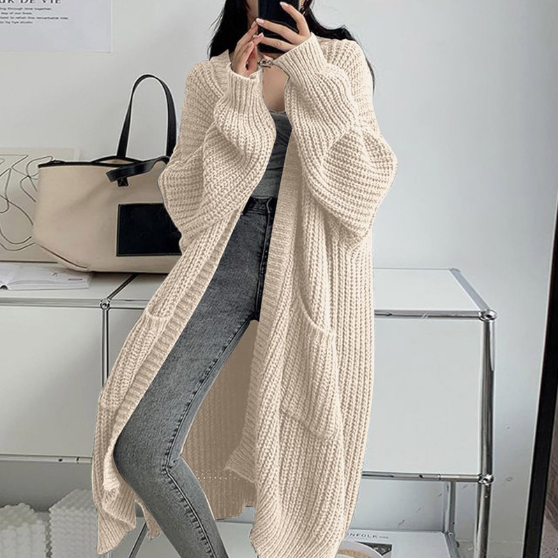 在庫ありの新しい秋と冬のレイジースタイルの女性用ロングセータージャケット、ゆったりと多用途のボトム長袖ニットカーディガン|undefined