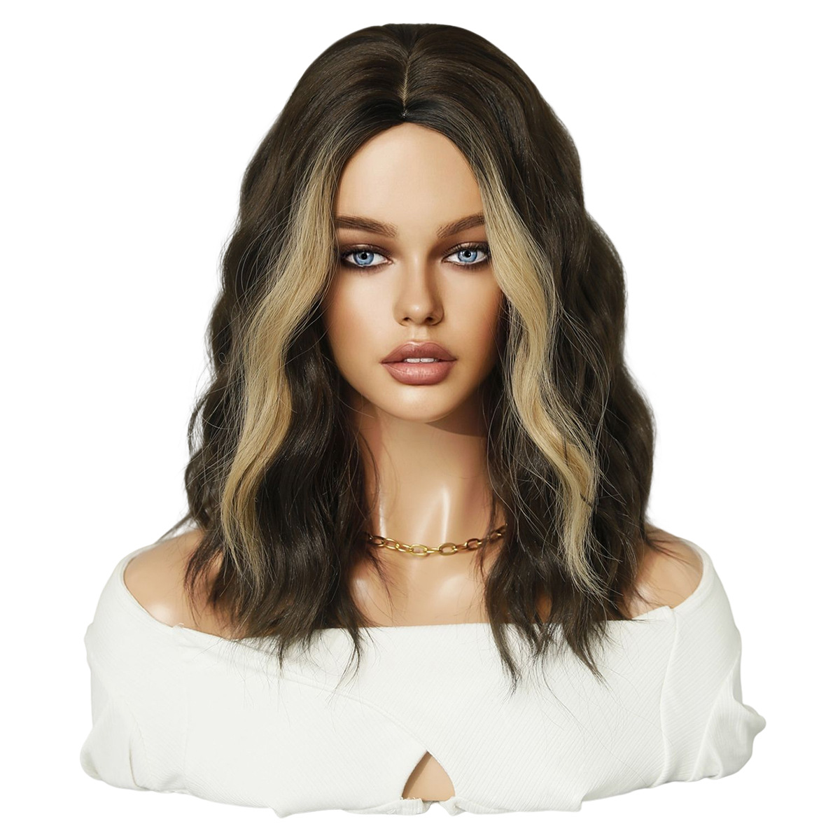 Extensions de cheveux noirs avec raie au milieu, mèches dorées, longueur des épaules, ondulées, bouclées, cheveux courts, coiffure complète pour femme, perruque Bob_voghion.com