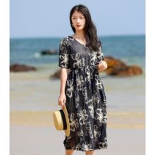 原创高端棉麻品牌女装夏季新款厂家批发纯苎麻刺绣抽绳收腰连衣裙