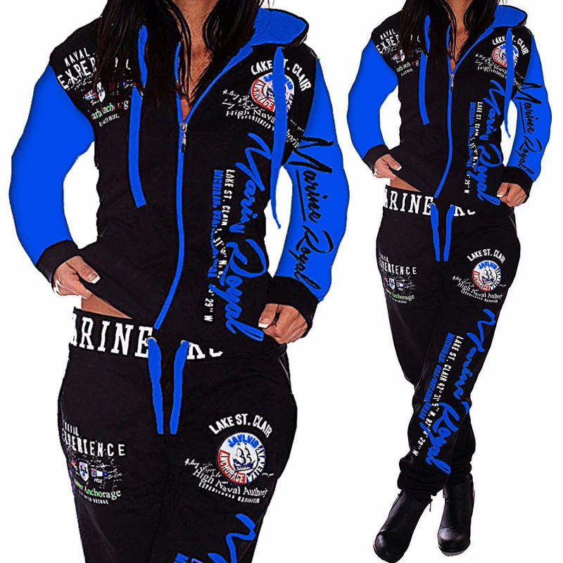 Sports and leisure suit美式印花字体接链长袖连帽长裤女士套装|undefined