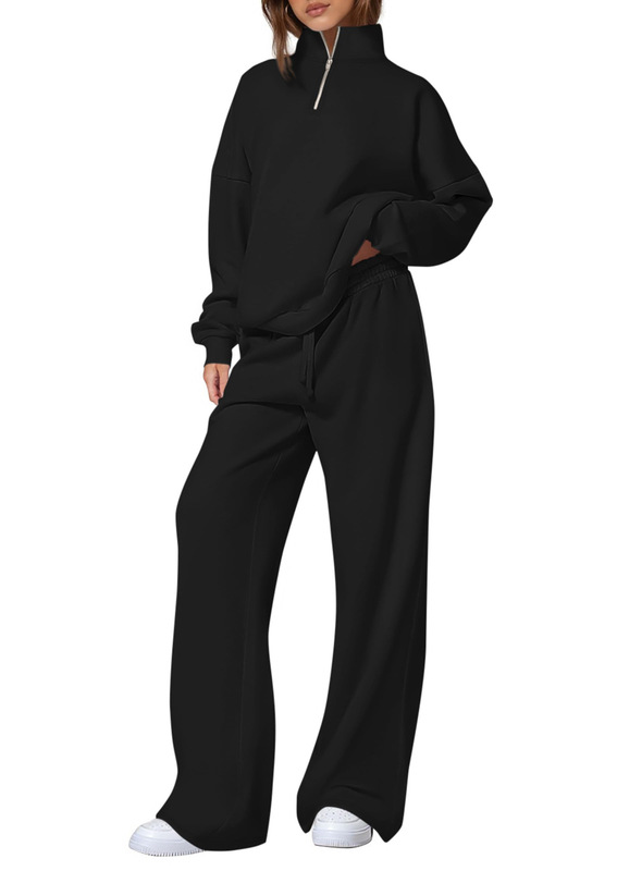 独立站女式休闲两件套2025秋冬季半拉链运动衫直筒裤运动服旅行套|undefined